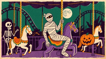 万圣节旋转木马上的木乃伊与骷髅