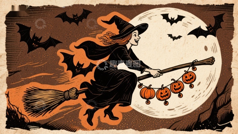 高清大图下载【趣麦麦图】巫女骑扫帚夜空飞翔