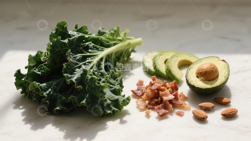高清大图下载【趣麦麦图】羽衣甘蓝牛油果与培根食材