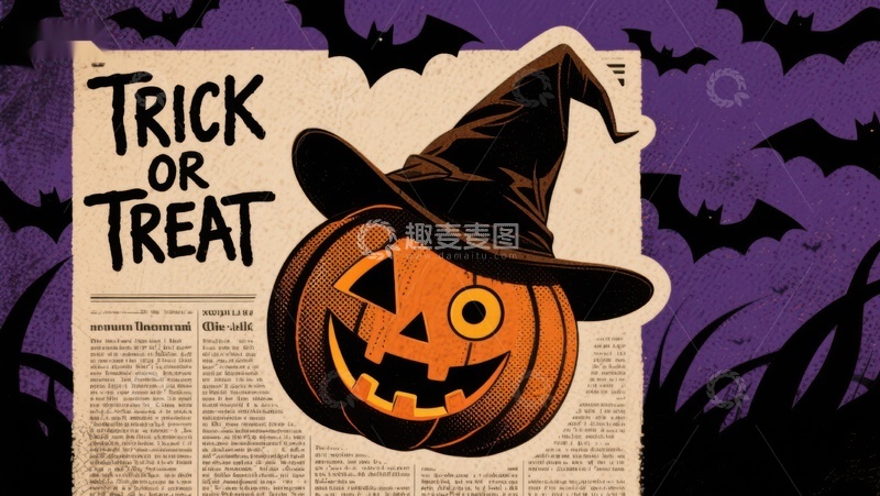 高清大图下载【趣麦麦图】南瓜戴巫帽，报纸背景显万圣