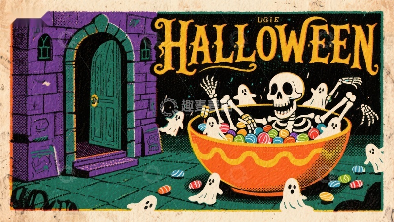 高清大图下载【趣麦麦图】万圣节骷髅糖果碗插画