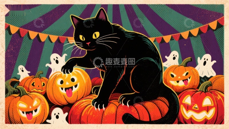 高清大图下载【趣麦麦图】万圣节黑猫与南瓜灯