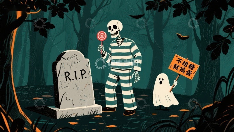 高清大图下载【趣麦麦图】万圣节骷髅与幽灵的糖果交易