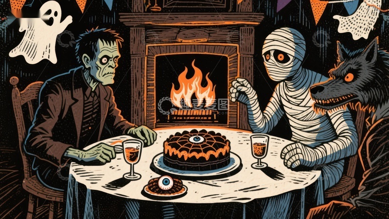 高清大图下载【趣麦麦图】-怪兽共聚晚餐