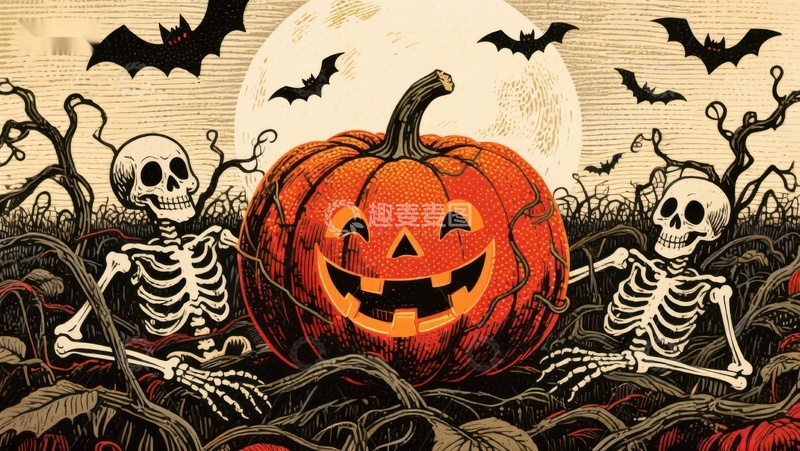 高清大图下载【趣麦麦图】万圣节南瓜与骷髅的欢乐场景