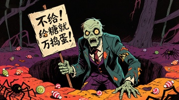 僵尸手持标语，万圣节糖果主题插画