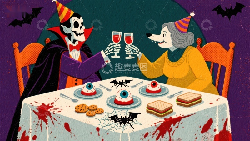 高清大图下载【趣麦麦图】万圣节骷髅与女巫共进晚餐