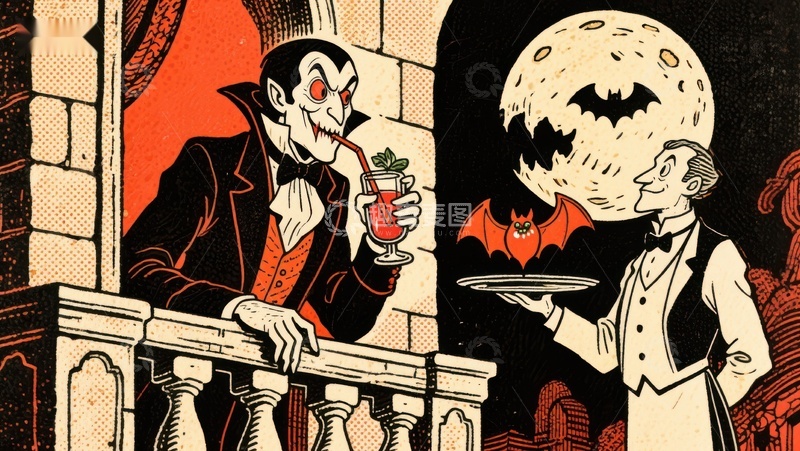 高清大图下载【趣麦麦图】吸血鬼与侍者在月夜下的阳台