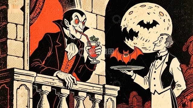 吸血鬼与侍者在月夜下的阳台