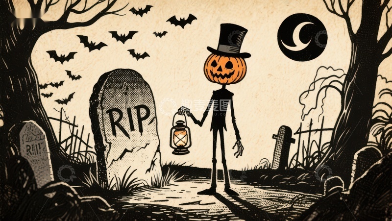 高清大图下载【趣麦麦图】万圣夜墓地中的南瓜头人