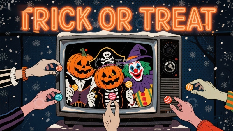高清大图下载【趣麦麦图】万圣节电视屏幕前的糖果交换