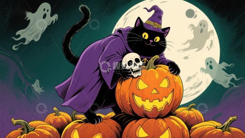 巫师黑猫与南瓜灯的万圣夜