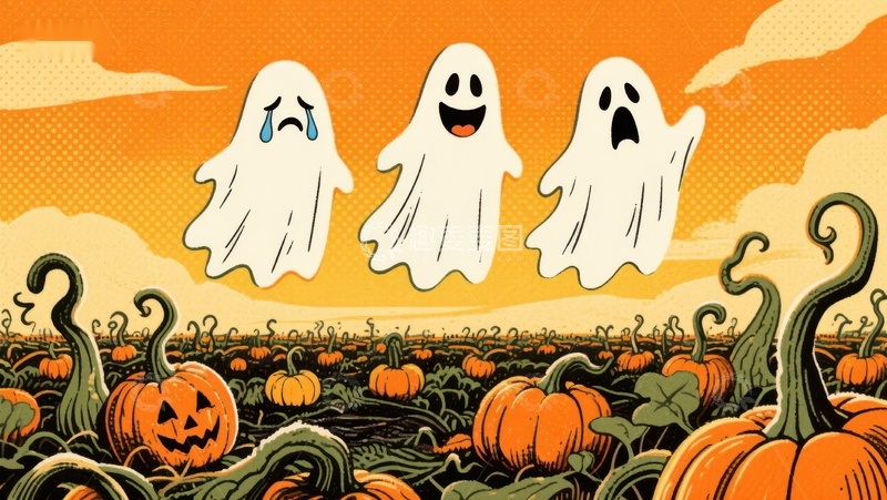 高清大图下载【趣麦麦图】万圣节南瓜地里的三个小鬼