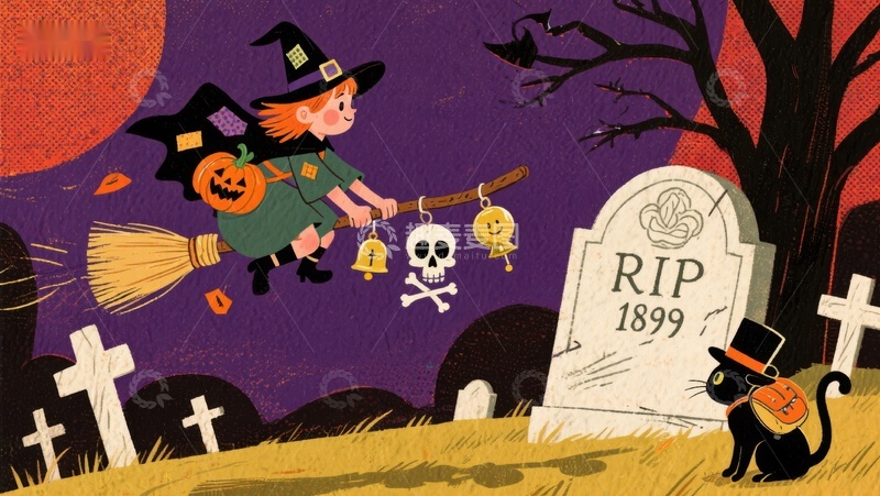 高清大图下载【趣麦麦图】万圣夜小巫师飞越墓地