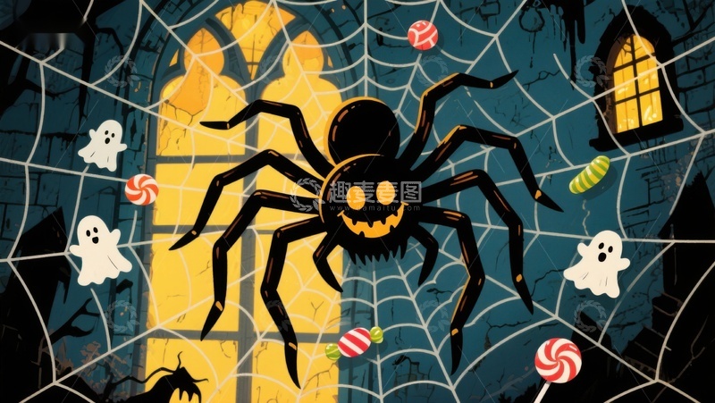高清大图下载【趣麦麦图】万圣节蜘蛛网中的糖果与幽灵