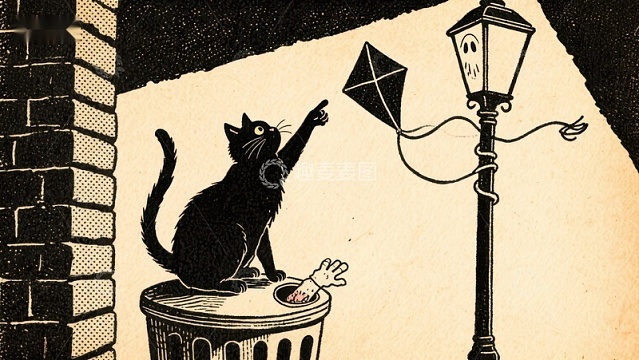 黑猫夜灯下戏弄风筝