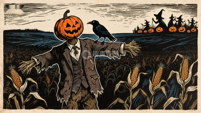 高清大图下载【趣麦麦图】南瓜头稻草人守护玉米田