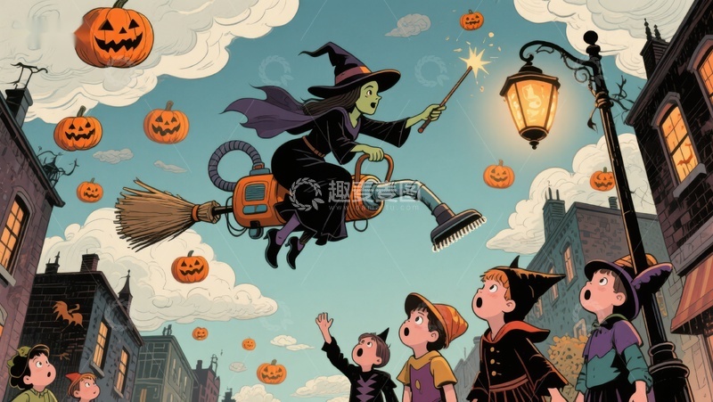 高清大图下载【趣麦麦图】万圣节女巫夜空飞行