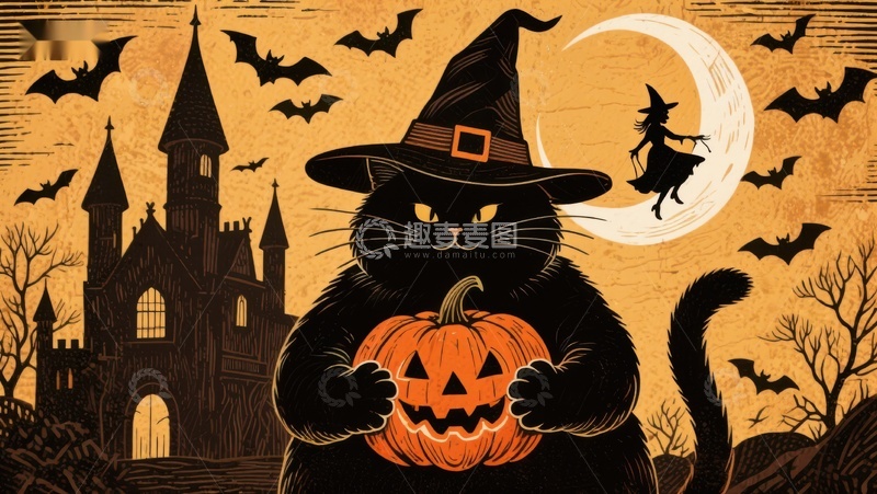 高清大图下载【趣麦麦图】万圣夜猫巫师捧南瓜