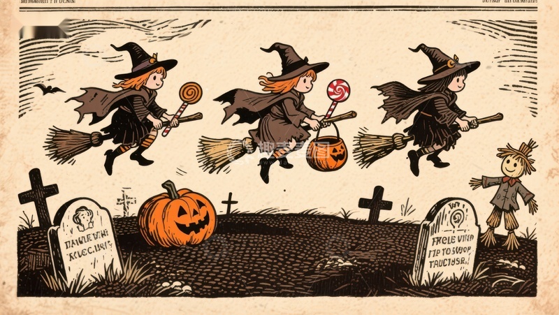 高清大图下载【趣麦麦图】万圣节女巫飞行夜景