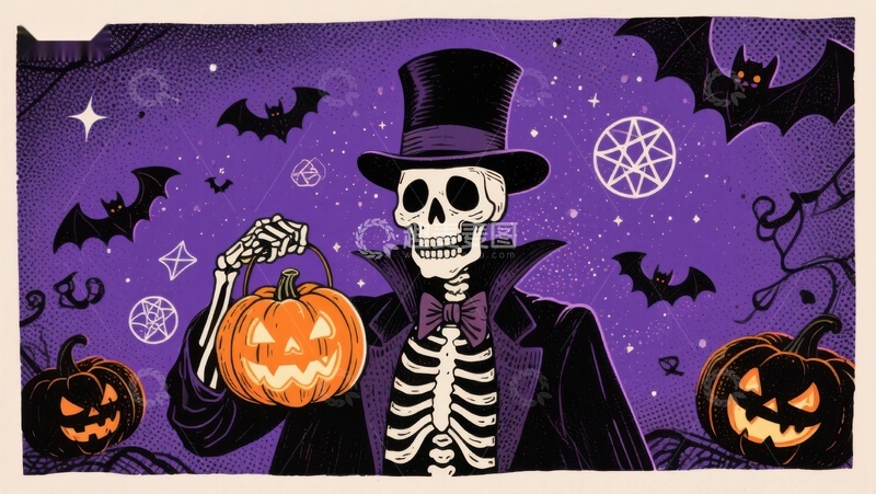 高清大图下载【趣麦麦图】骷髅绅士手持南瓜灯