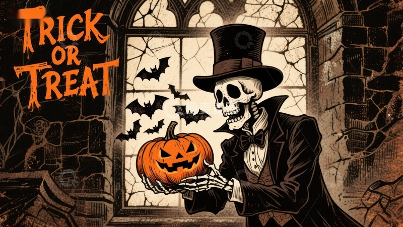 高清大图下载【趣麦麦图】骷髅绅士手持南瓜灯，万圣节氛围浓厚