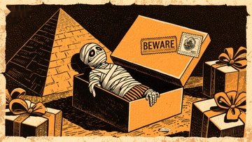 神秘木乃伊从标有“小心”的盒中探出