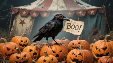 乌鸦手持&lsquo;BOO！&rsquo;纸条，置身南瓜灯前