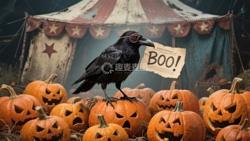 高清大图下载【趣麦麦图】乌鸦手持&lsquo;BOO！&rsquo;纸条，置身南瓜灯前