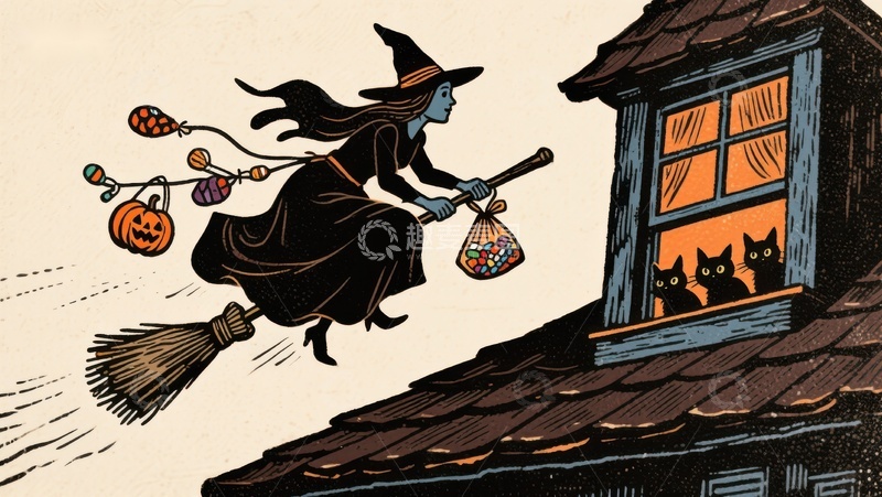 高清大图下载【趣麦麦图】女巫骑扫帚飞行，手提糖果袋