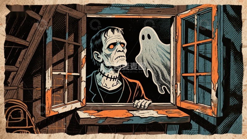 高清大图下载【趣麦麦图】怪人与幽灵在破旧窗前对视
