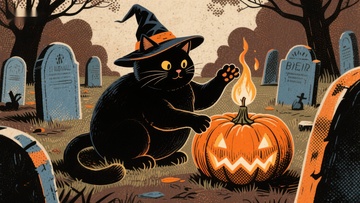 黑猫巫师点燃南瓜灯