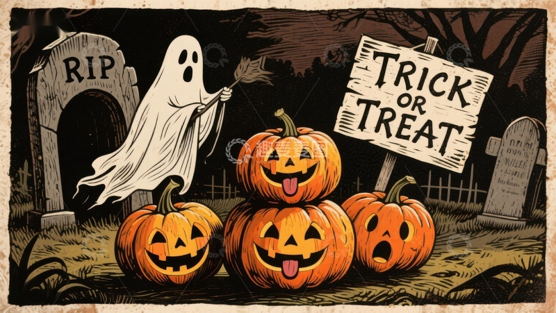 高清大图下载【趣麦麦图】万圣节幽灵与南瓜灯