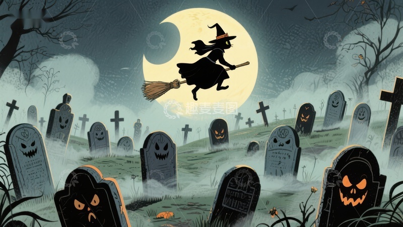 高清大图下载【趣麦麦图】月夜墓地，女巫飞过