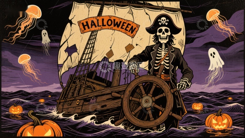 高清大图下载【趣麦麦图】万圣节海盗骷髅与南瓜灯