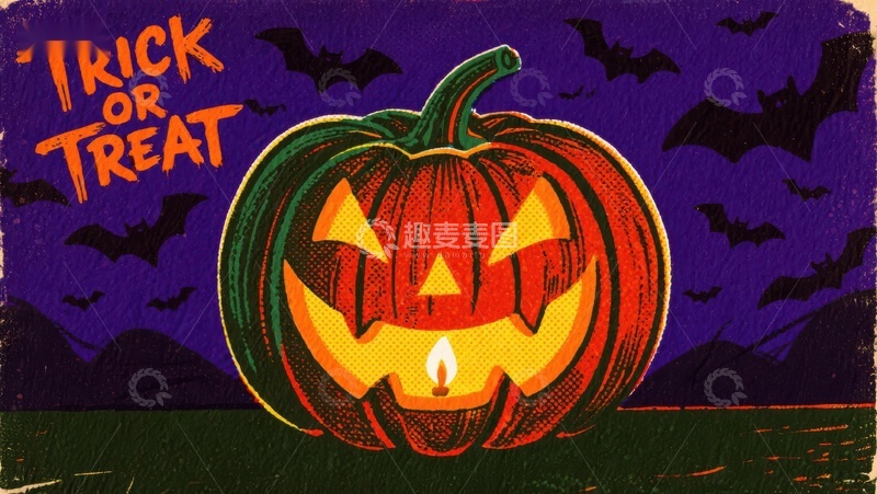 高清大图下载【趣麦麦图】-万圣节南瓜灯与蝙蝠背景