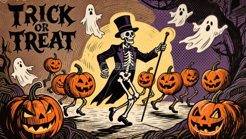 高清大图下载【趣麦麦图】万圣节骷髅与南瓜灯的狂欢夜