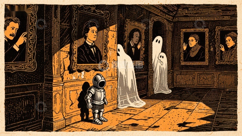 高清大图下载【趣麦麦图】盔甲少年与幽灵在古堡走廊