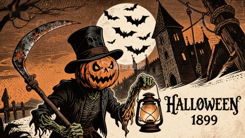 高清大图下载【趣麦麦图】南瓜头骷髅手持镰刀与灯笼，1899年万圣节场景