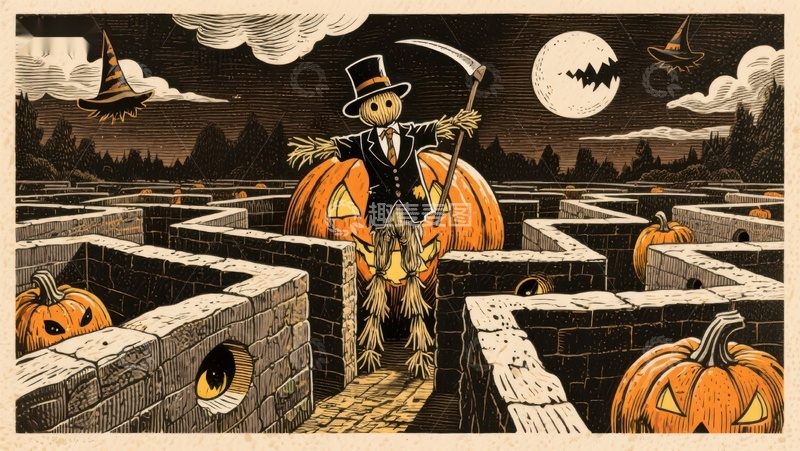 高清大图下载【趣麦麦图】迷宫中的南瓜灯与稻草人