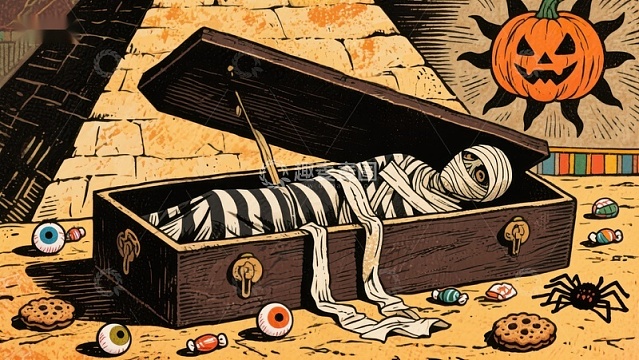 木乃伊躺在打开的棺材中，周围是万圣节装饰