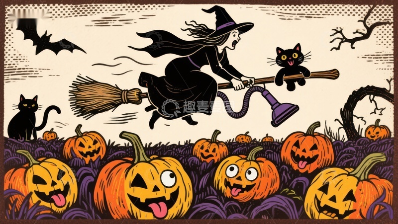 高清大图下载【趣麦麦图】万圣节女巫骑扫帚飞过南瓜灯