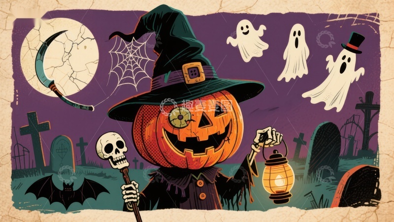 高清大图下载【趣麦麦图】万圣节南瓜巫师夜景插画