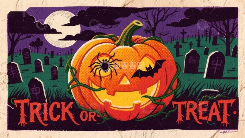 高清大图下载【趣麦麦图】万圣节南瓜灯与墓地背景