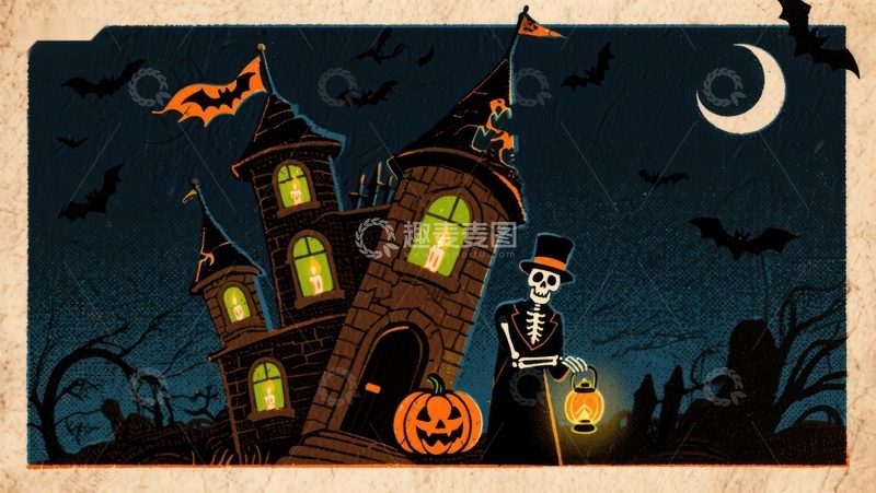 高清大图下载【趣麦麦图】万圣夜骷髅提灯照亮神秘古堡