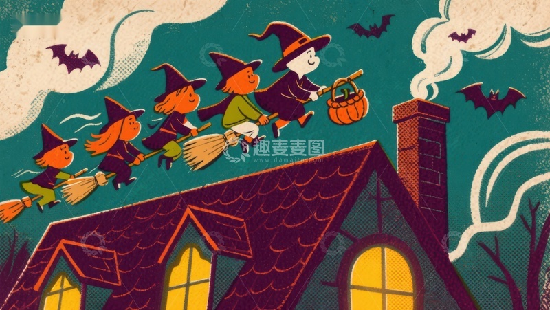 高清大图下载【趣麦麦图】万圣夜飞行的女巫