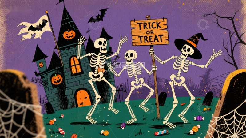 高清大图下载【趣麦麦图】万圣节骷髅舞会，城堡前欢庆场景