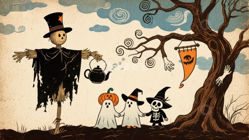 高清大图下载【趣麦麦图】万圣节场景：稻草人与小幽灵