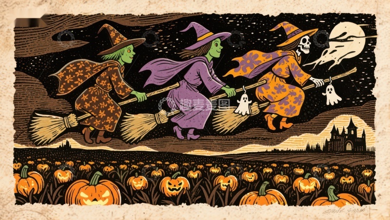 高清大图下载【趣麦麦图】万圣夜飞行的女巫与骷髅