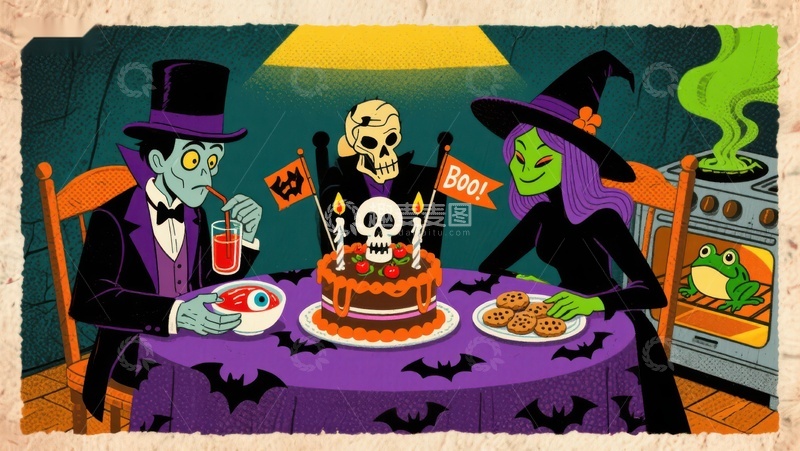 高清大图下载【趣麦麦图】万圣节派对：幽灵与女巫共进晚餐